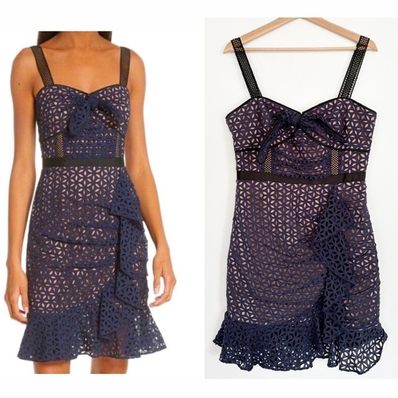 Self-Portrait Dresses & Skirts - Self-Portrait || Broderie Floral Petal Mini Dress Eyelet Lace Ruffle Navy Blue 8